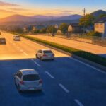 夕日の道路で、路面の明暗の境目を挟んで数台の車が走っているイラスト