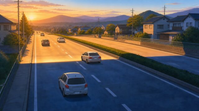 夕日の道路で、路面の明暗の境目を挟んで数台の車が走っているイラスト