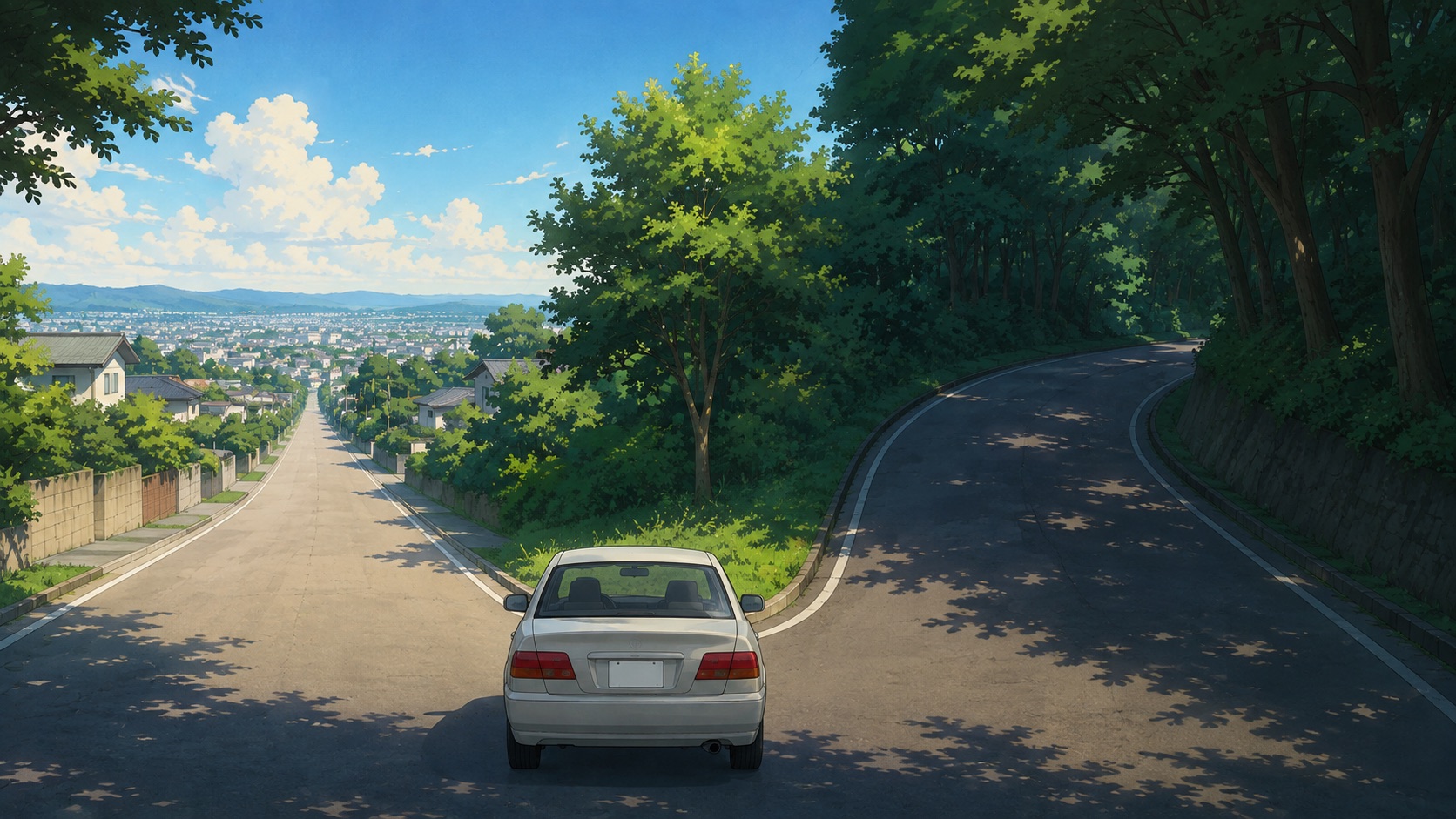 そのまま走り去る明るい道と、引き返す暗い道の分岐に停まる車のイラスト