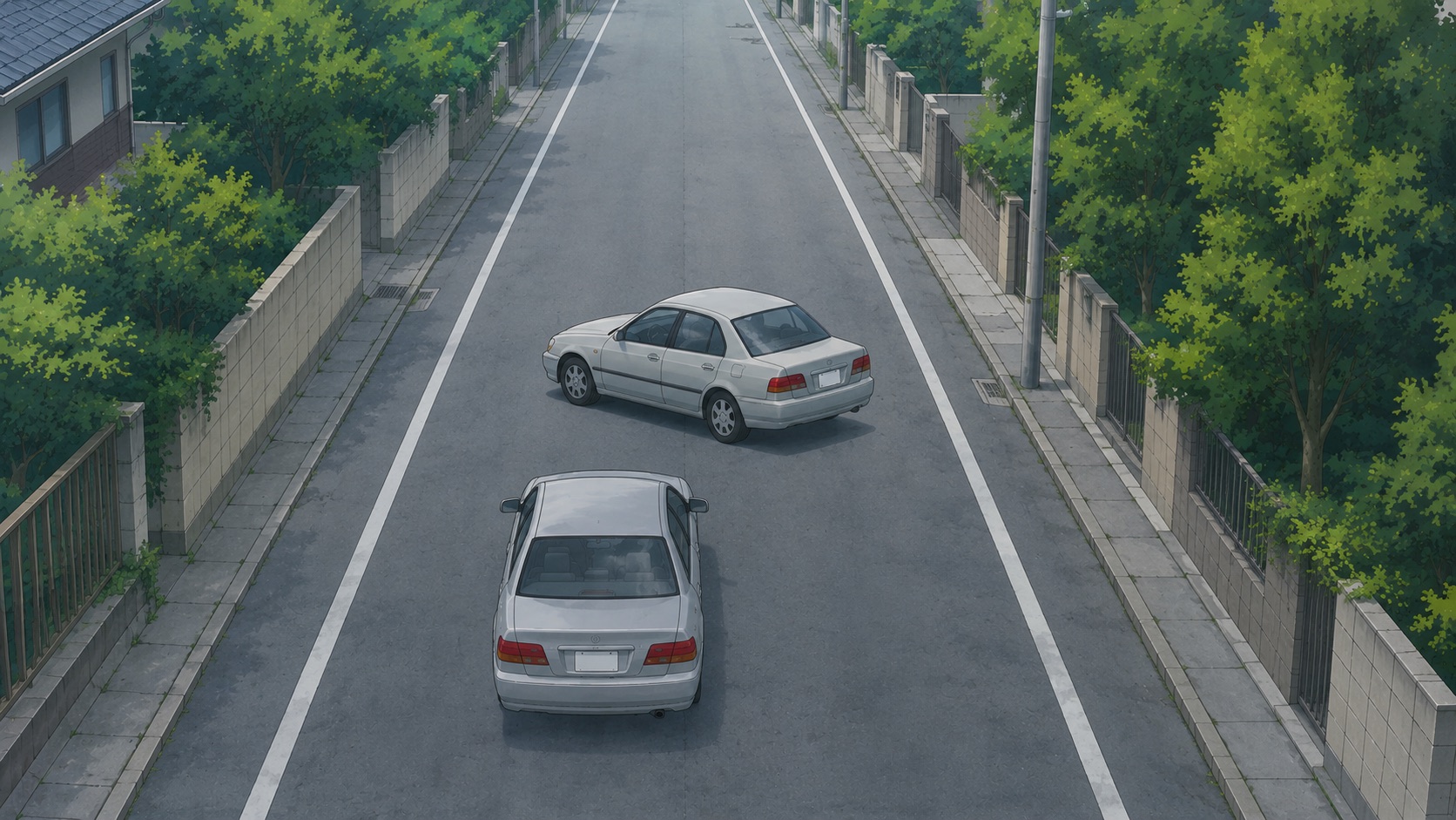前方を斜めに塞いで停まった車と、動けない後続車を上から見たイラスト