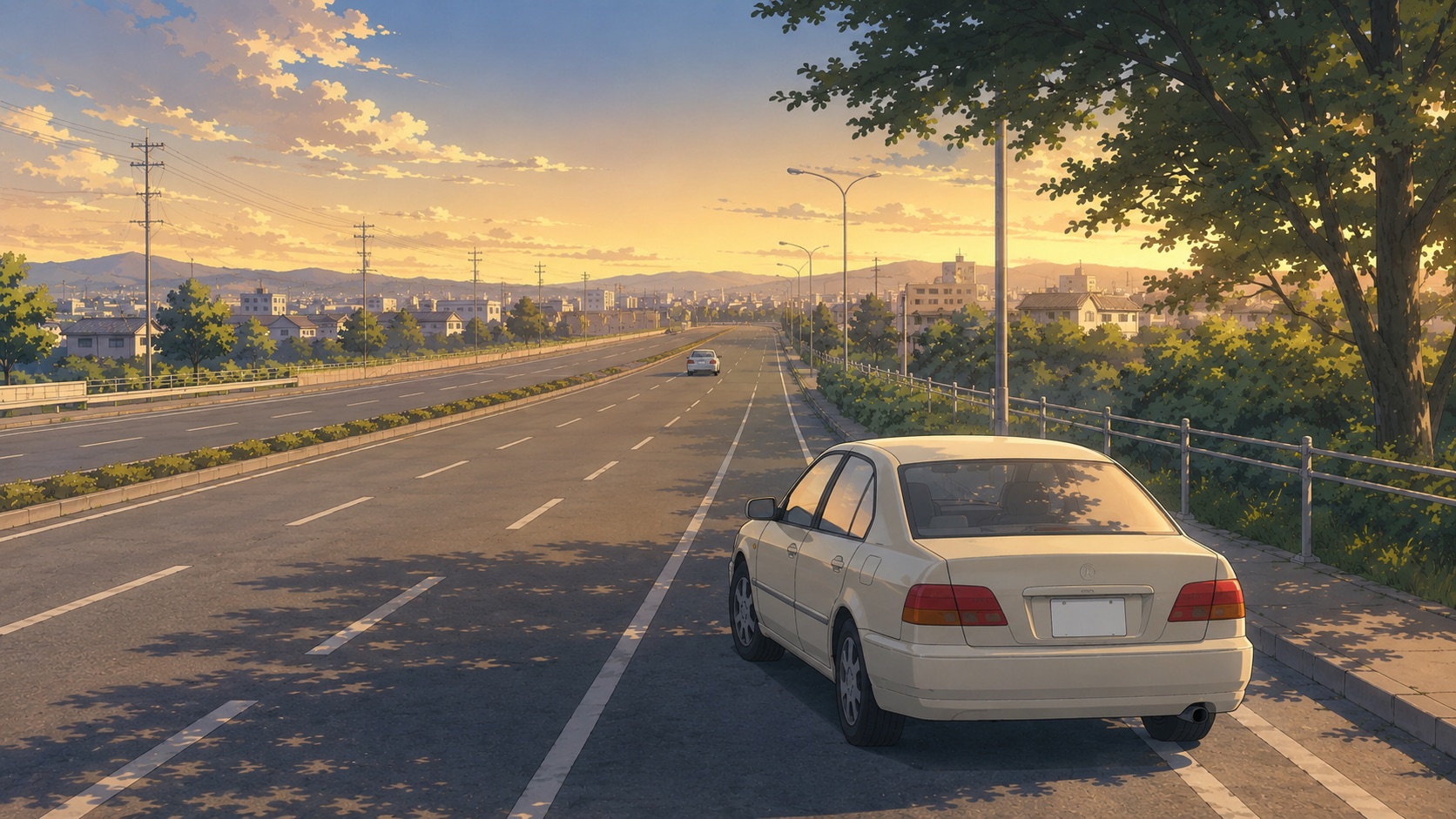 走り去る車を追わず、明るい光の中で路肩に停まる車のイラスト