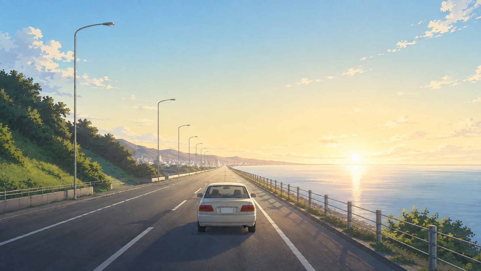 夜明けの海沿いの道を街から離れて走る一台の車のイラスト