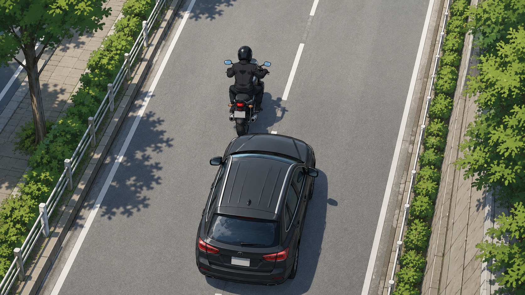 車がバイクに車間を詰めて走る様子を上空から見たイラスト
