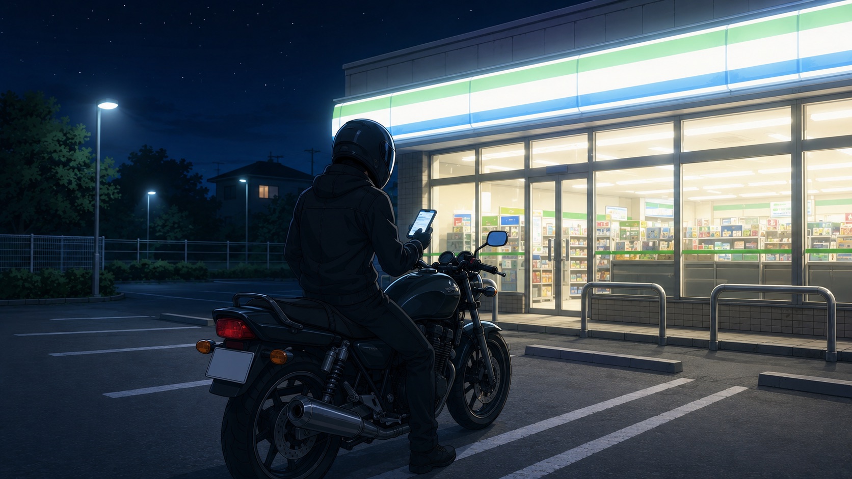 夜のコンビニ駐車場に停まるバイクとライダーのイラスト