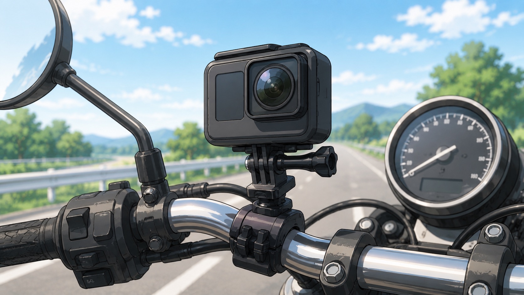バイクのハンドルに取り付けられたアクションカメラのイラスト