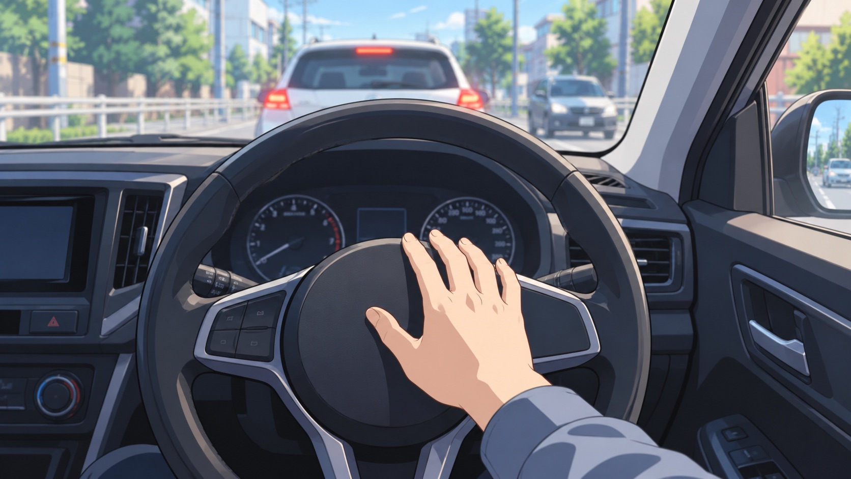 運転席でハンドル中央のクラクションに手を伸ばすイラスト
