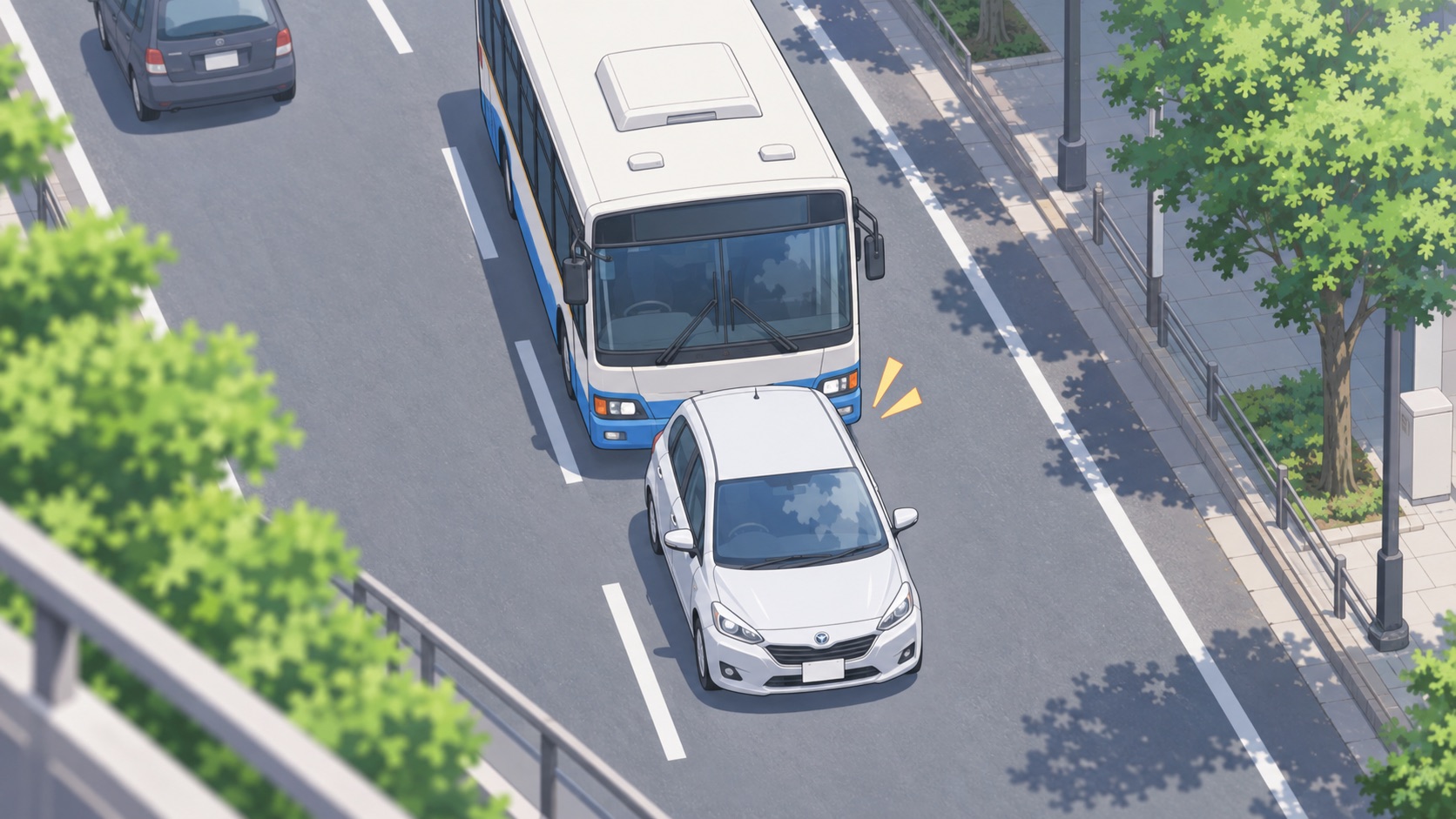 路線バスが乗用車のすぐ後ろに接近して走る様子を上空から見たイラスト