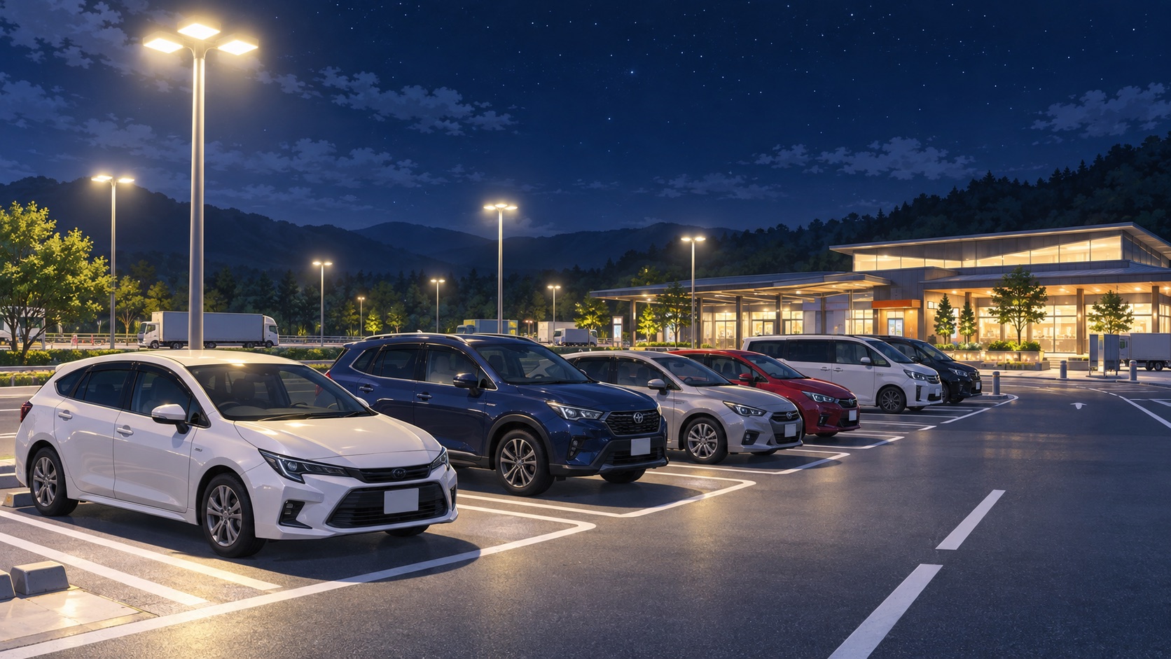 夜のサービスエリアに停まる乗用車のイラスト