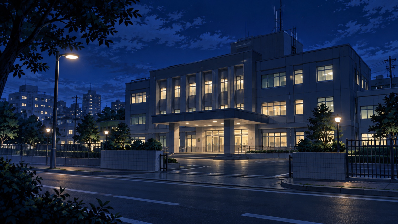 夜の警察署の建物を遠くから見たイラスト