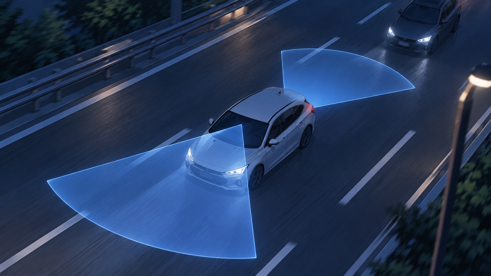 走行中の車の前方と後方に撮影範囲が広がる様子を表したイラスト