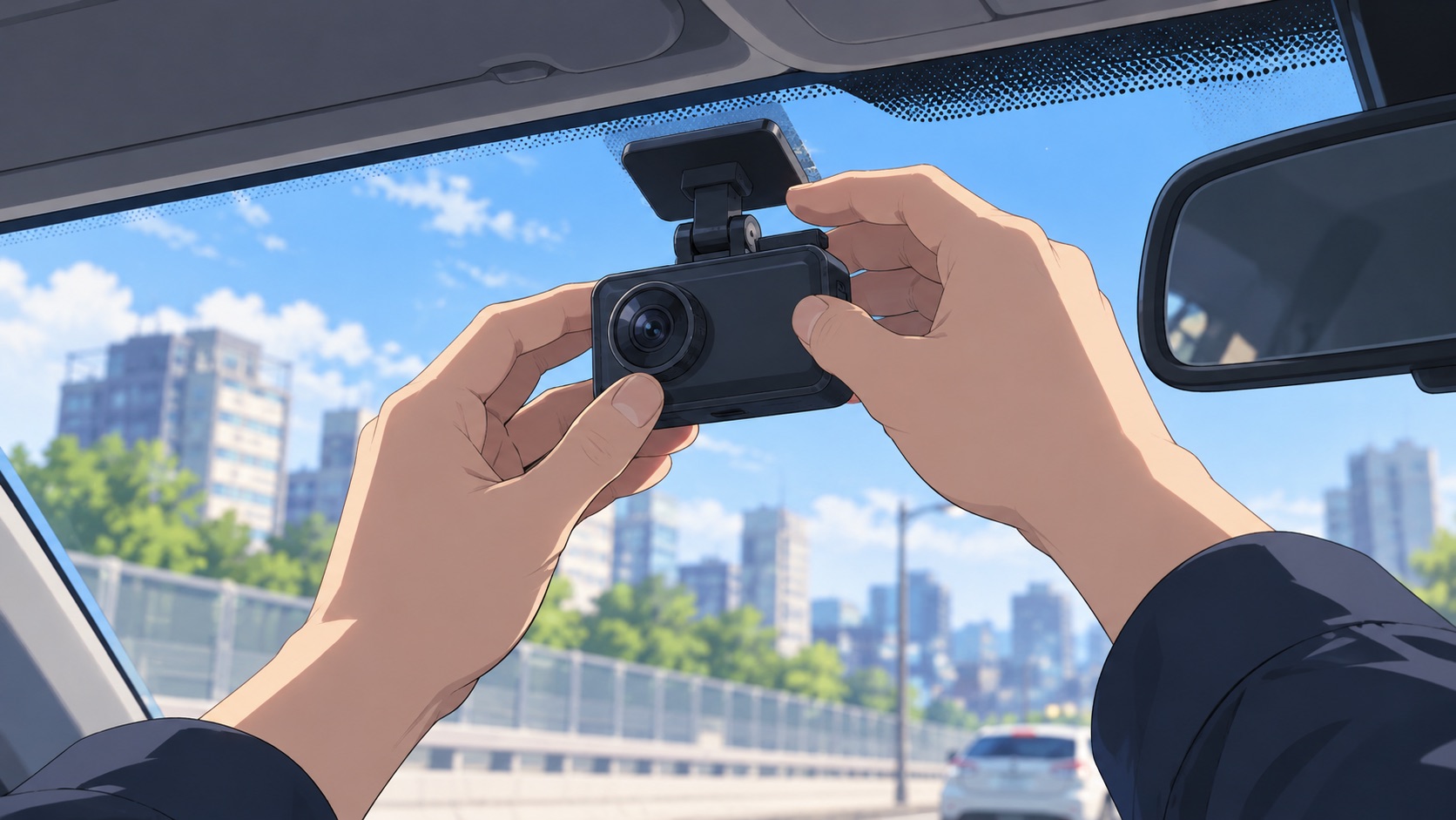 フロントガラスのホルダーに小型のドライブレコーダーをはめ込む手元のイラスト