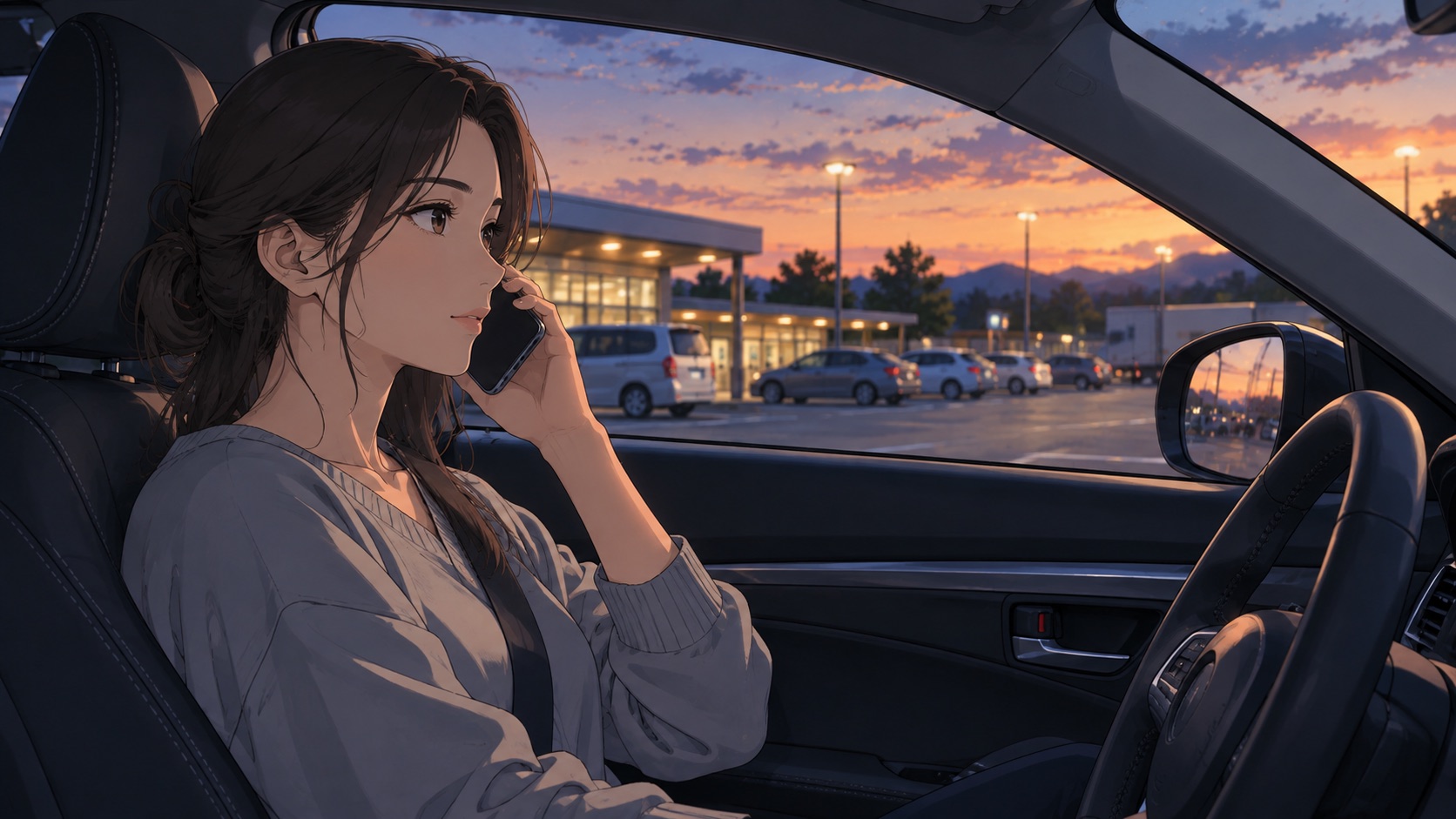 サービスエリアに停車した車の中で落ち着いて電話するドライバーのイラスト