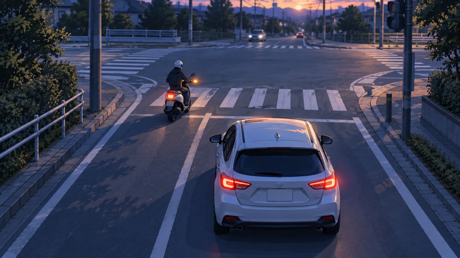交差点の手前で右にウインカーを出す原付と乗用車のイラスト