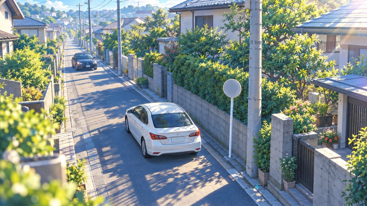 中央線のない住宅街の道を十分な車間をあけて走る2台の車のイラスト