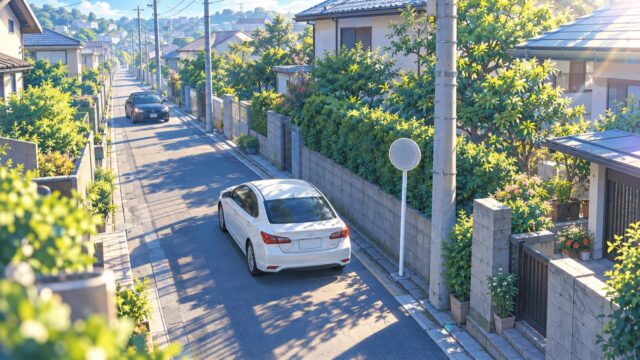 中央線のない住宅街の道を十分な車間をあけて走る2台の車のイラスト
