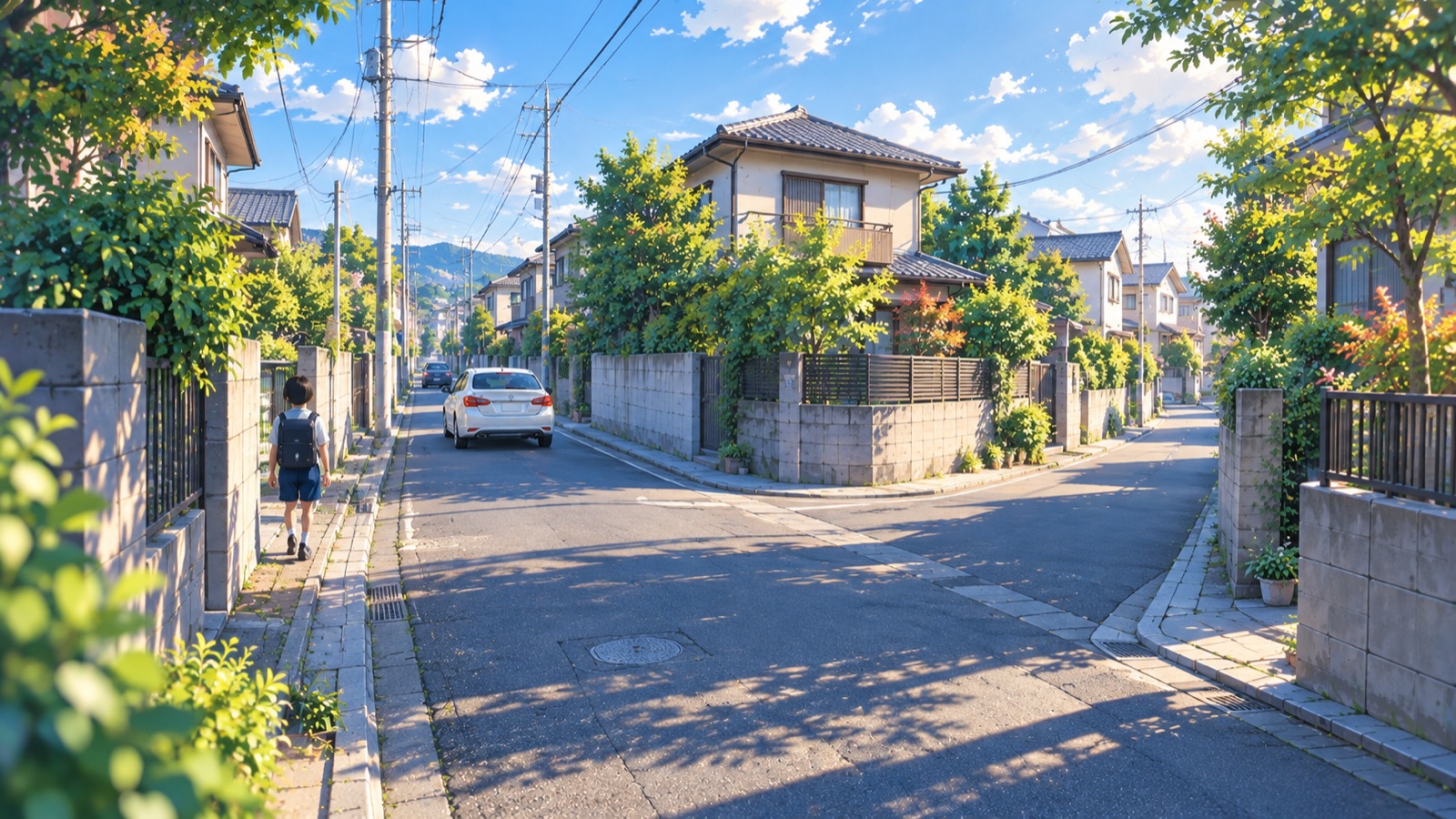 速度標識が1本も立っていない、中央線のない住宅街の交差点のイラスト