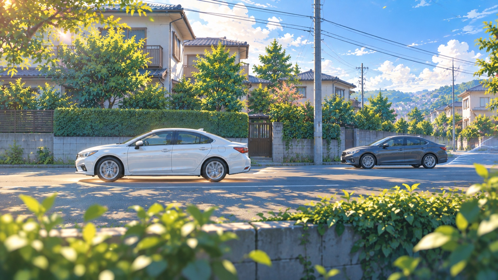 同じ道を走る2台の車の速度差を、光の輪と風の線の違いで表現したイラスト