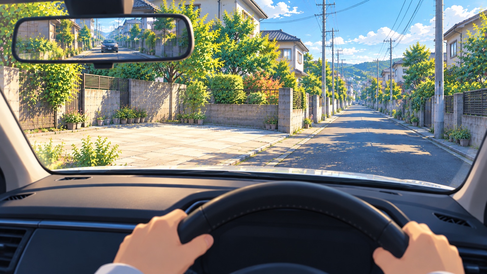 運転席から見た住宅街の道路。左側に安全に寄せられる待避スペースが明るく見えているイラスト