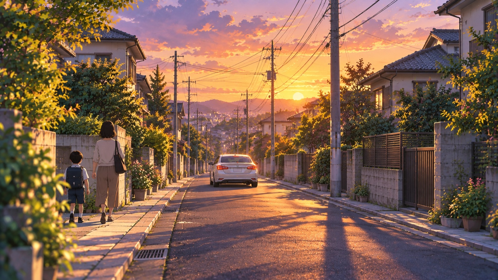 夕方の住宅街の道を、歩行者と十分な距離をとって静かに走り去る車のイラスト