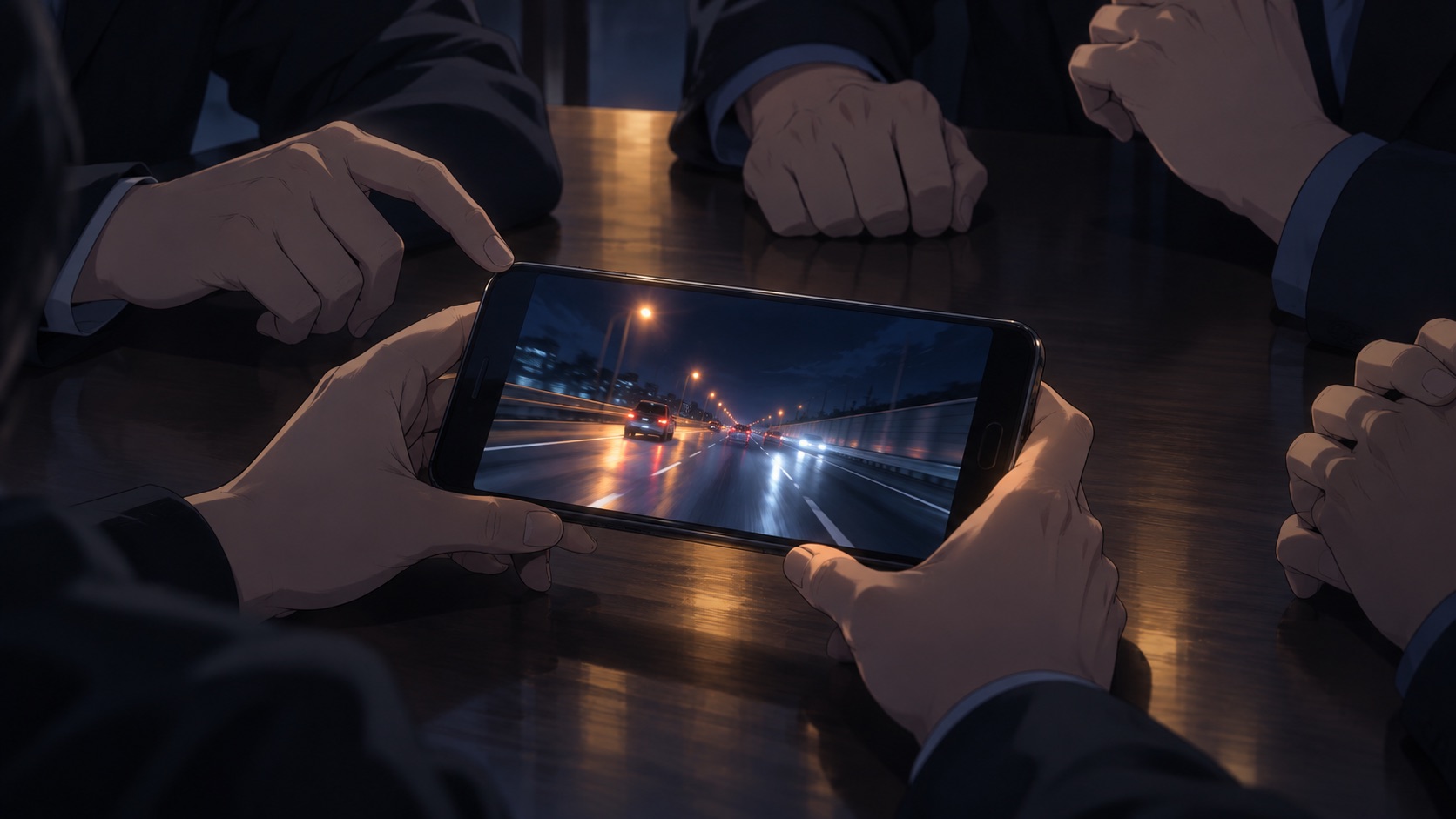 スマートフォンで再生される道路の動画を複数の人が囲んで見ているイラスト