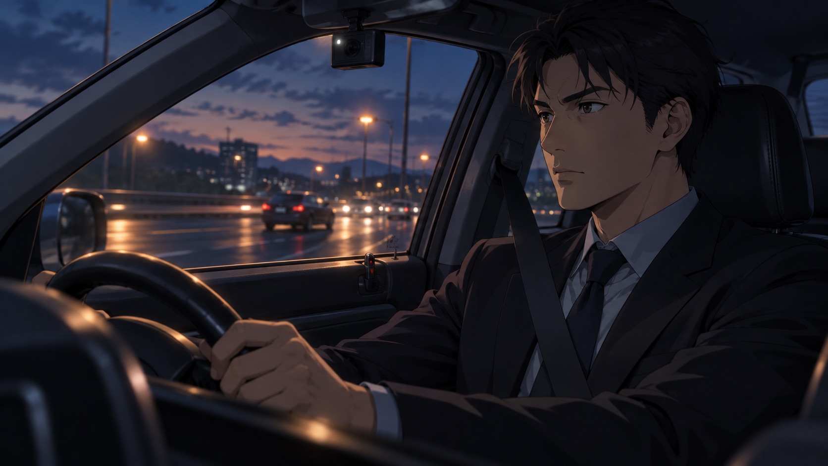 ドライブレコーダーを付けた車の運転席で落ち着いて前を見るドライバーのイラスト